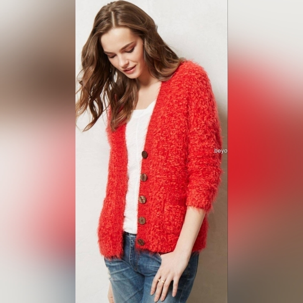 Women's Coral Fuzzy Button-Up Cardigan Sweater
